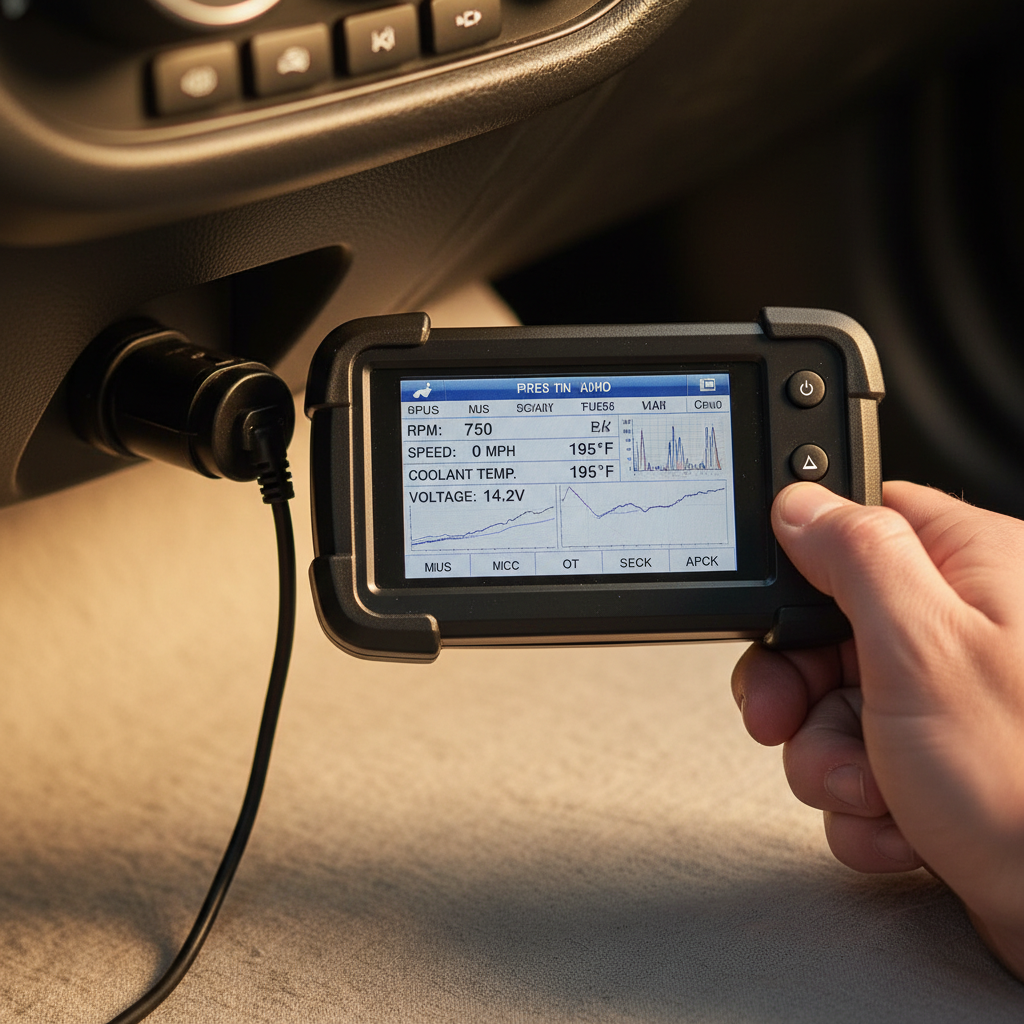 automotive diagnostic scanner plugged into OBD port with display showing data
